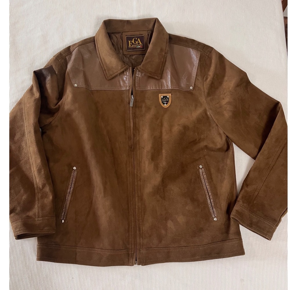 EGA Emporio Collection Moda Italy Brown Faux Suede Leather Yoke Jacket Mens XL